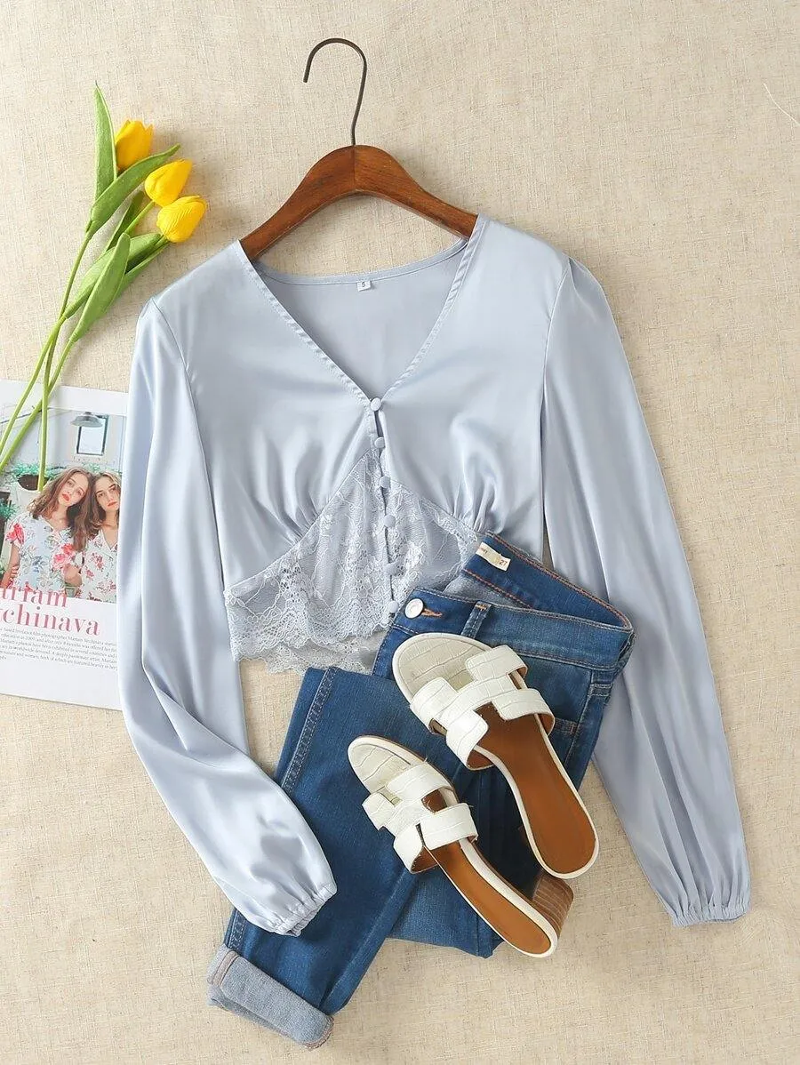 Contrast Lace Button Up Crop Blouse