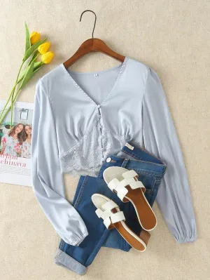 Contrast Lace Button Up Crop Blouse