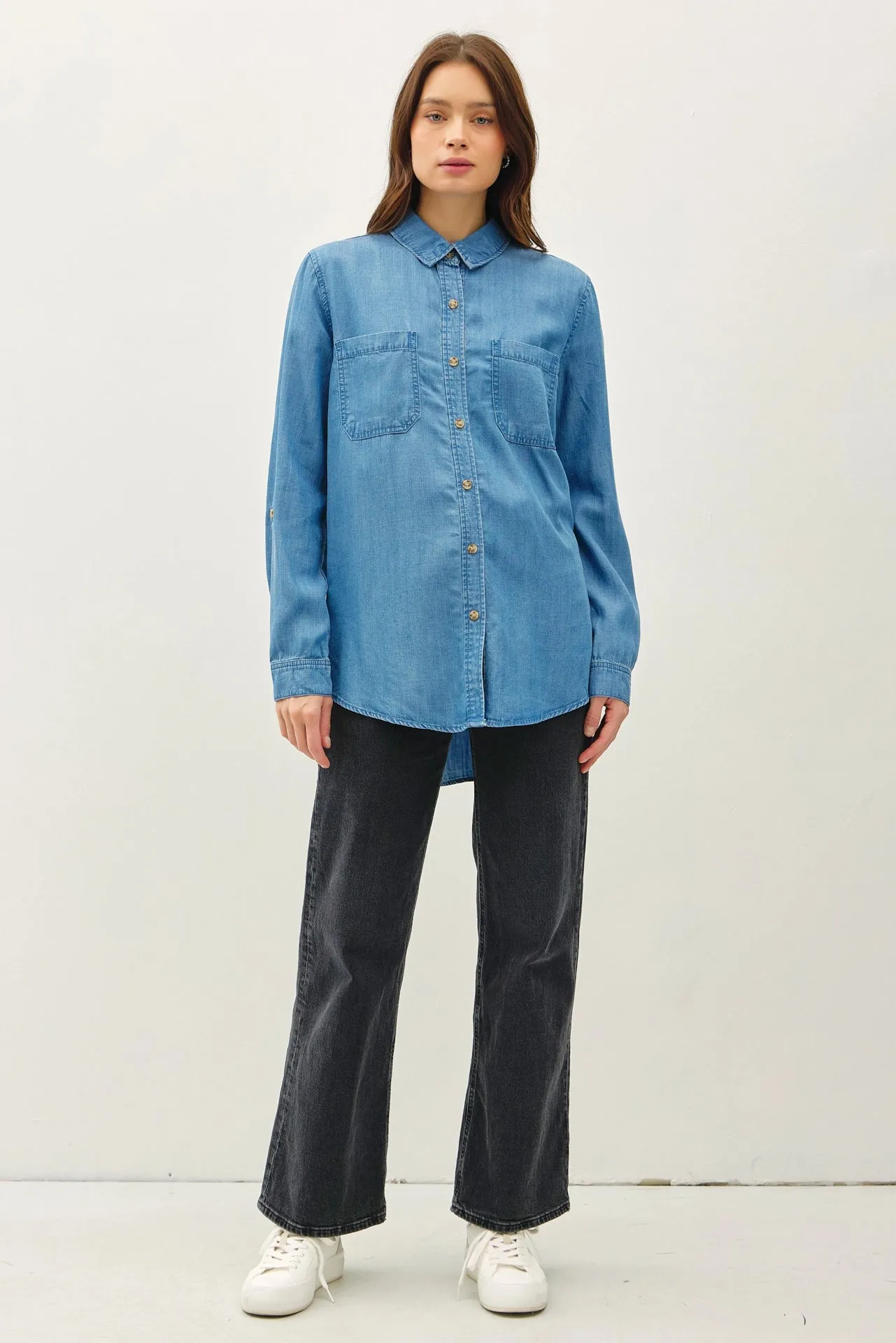 Denim Tencel Button Up Oversized Shirt - Medium Wash