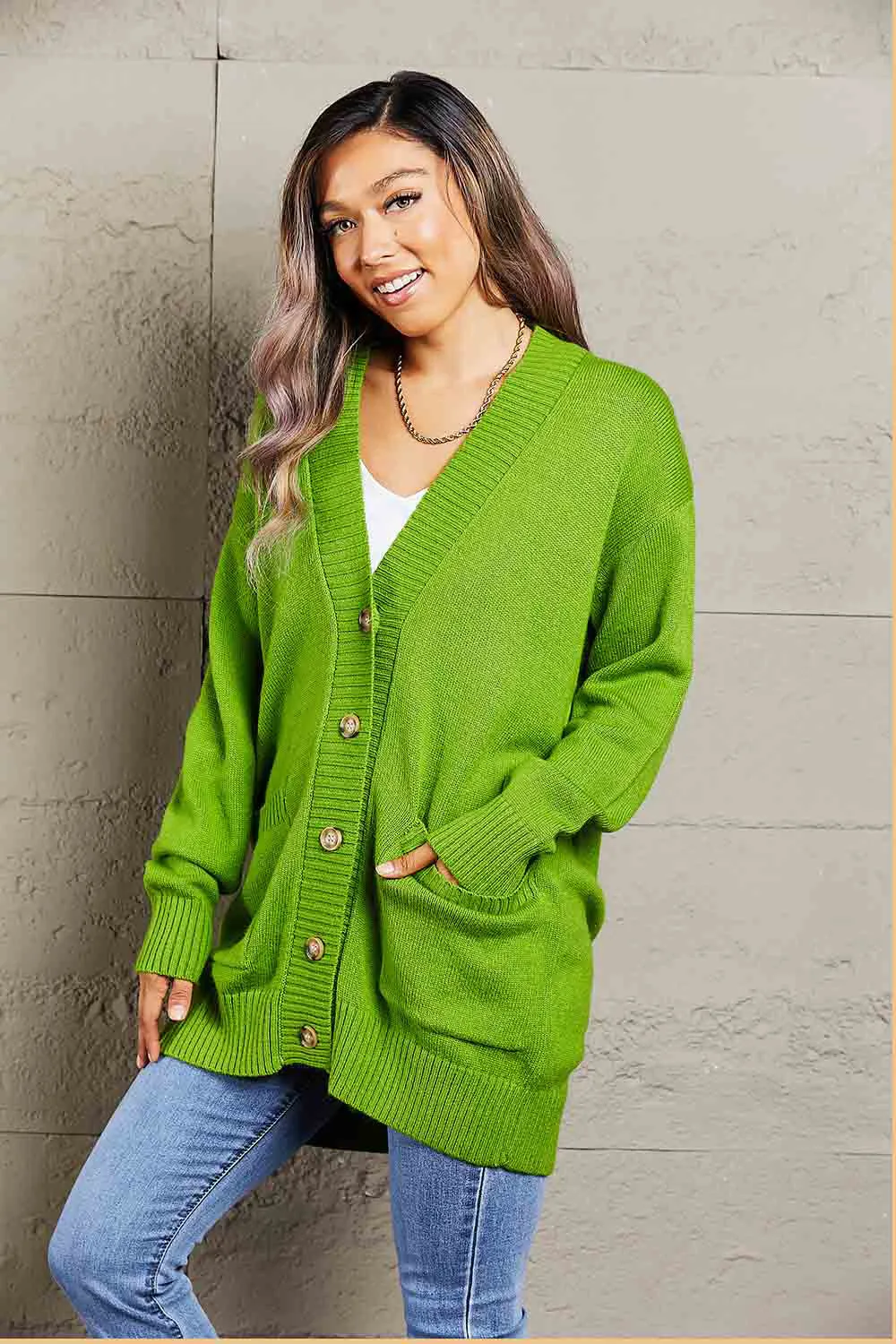 Double Take Ribbed Trim Dropped Shoulder Pocketed Cardigan