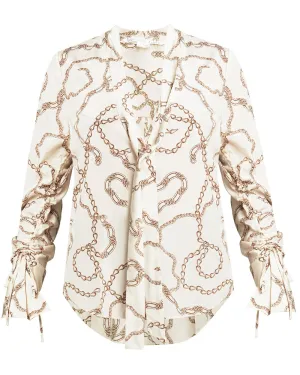 Ecru Chain Print Tie Neck Remi Blouse