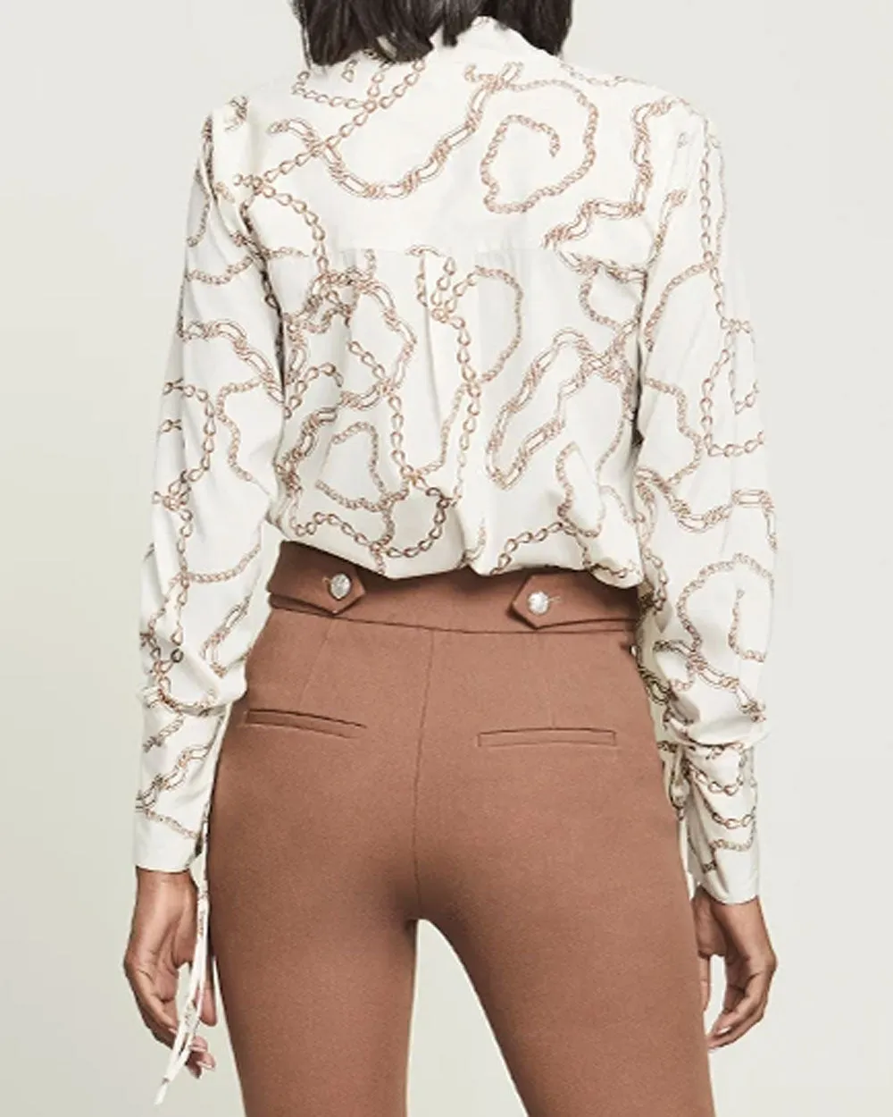 Ecru Chain Print Tie Neck Remi Blouse