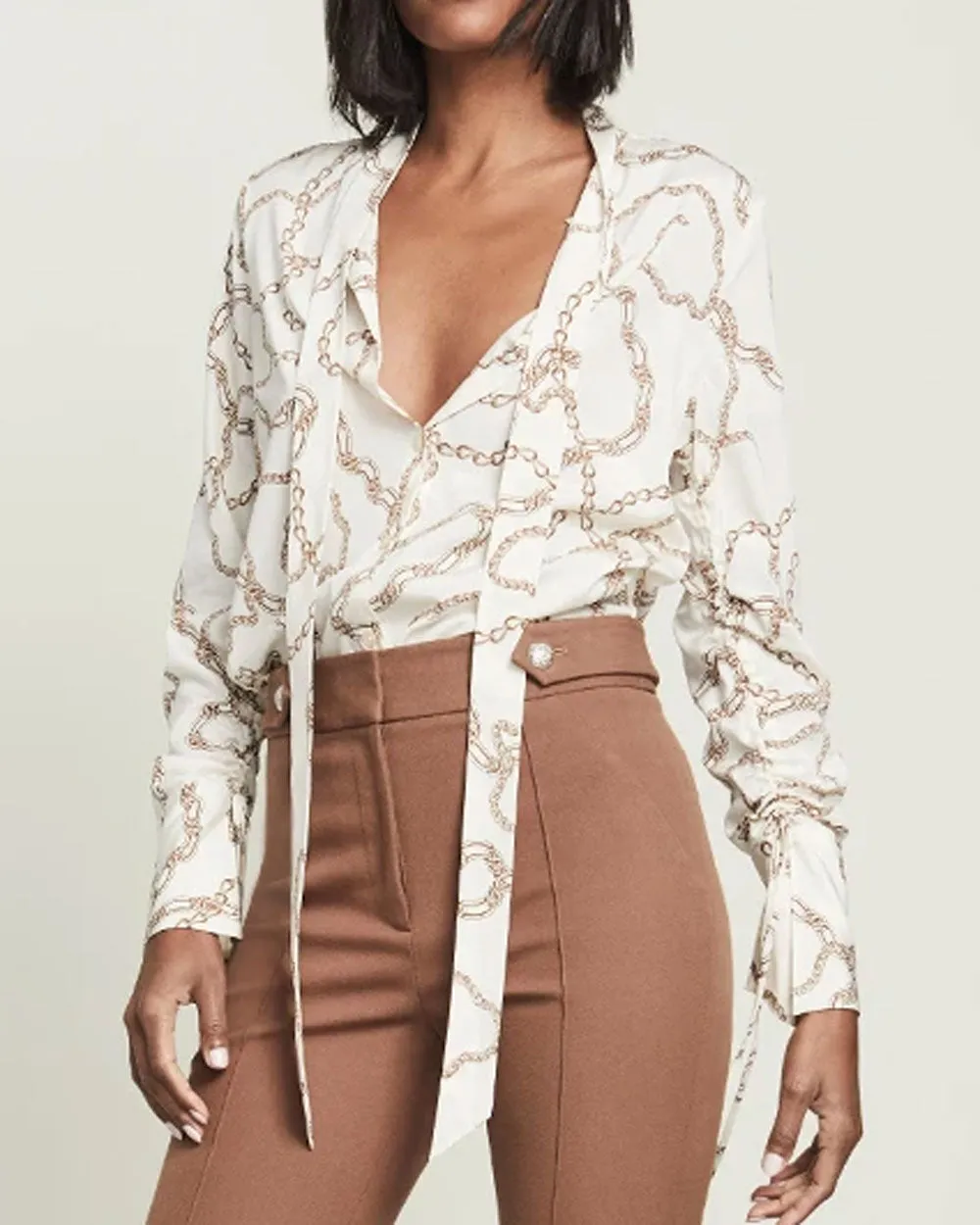 Ecru Chain Print Tie Neck Remi Blouse