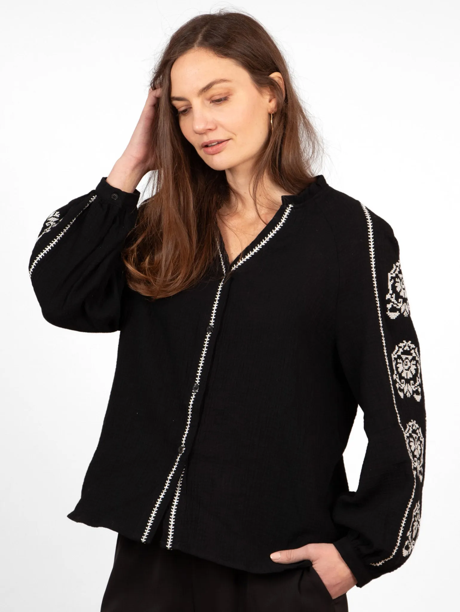 Edie V-Neck Button Down Cotton Shirt - Black, Floral Embroidery