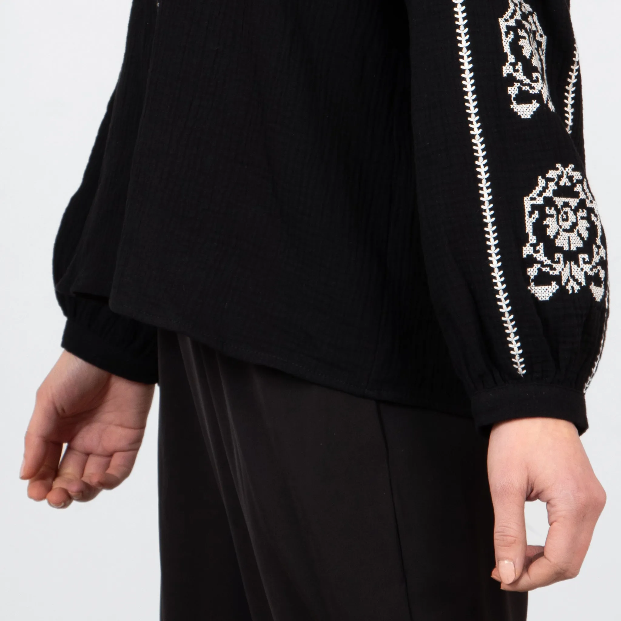 Edie V-Neck Button Down Cotton Shirt - Black, Floral Embroidery
