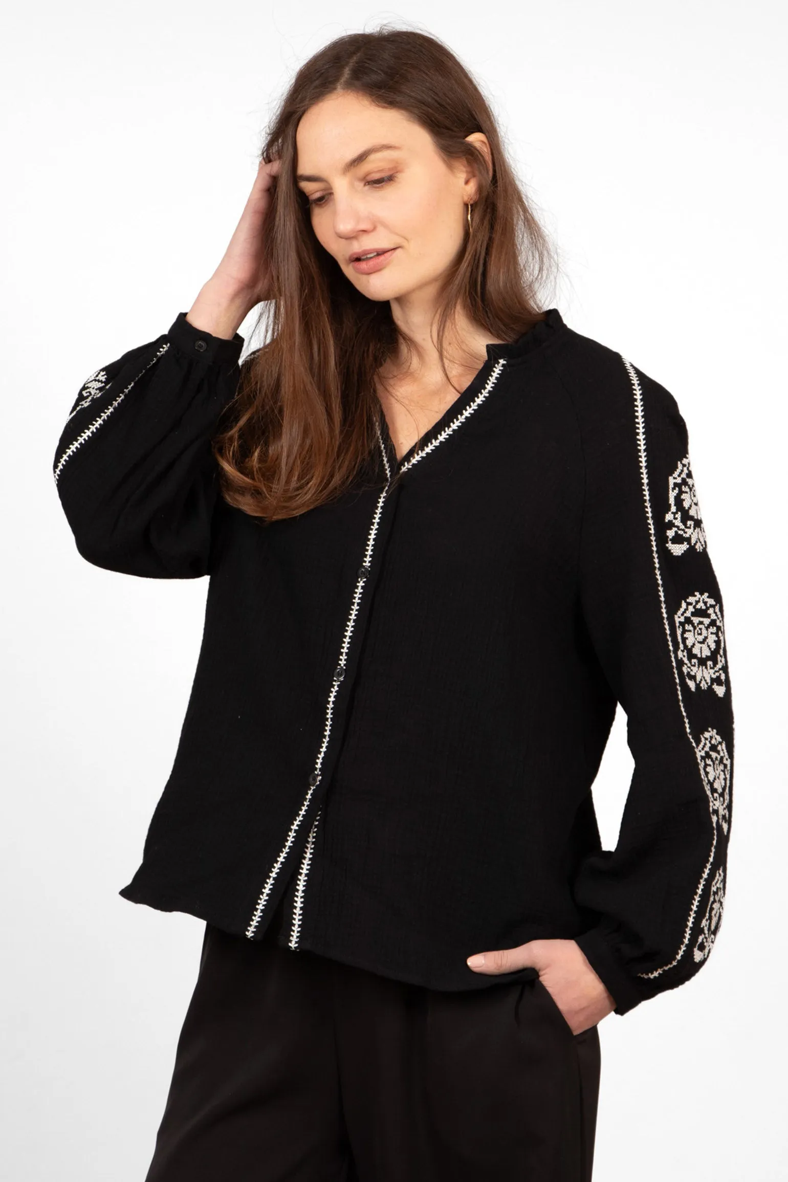 Edie V-Neck Button Down Cotton Shirt - Black, Floral Embroidery