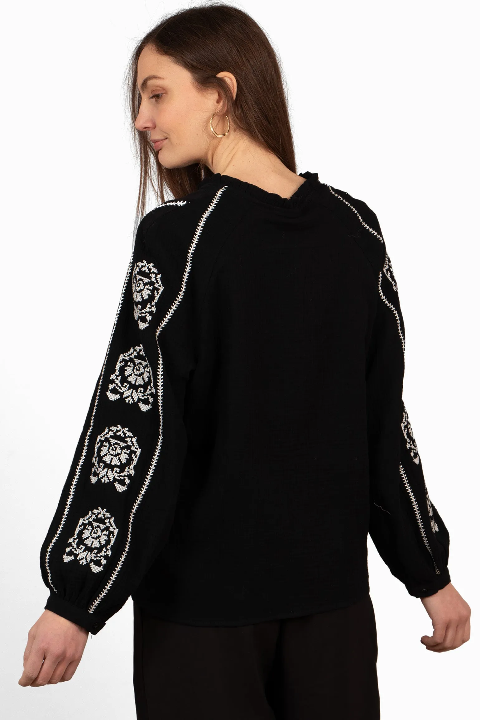 Edie V-Neck Button Down Cotton Shirt - Black, Floral Embroidery