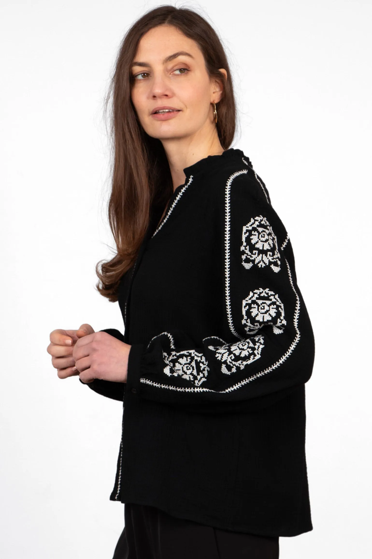 Edie V-Neck Button Down Cotton Shirt - Black, Floral Embroidery