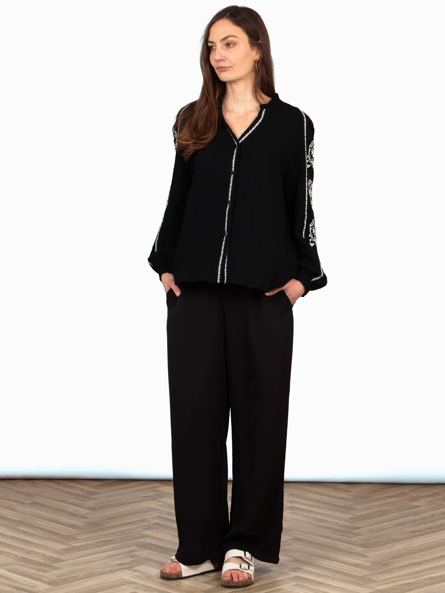 Edie V-Neck Button Down Cotton Shirt - Black, Floral Embroidery