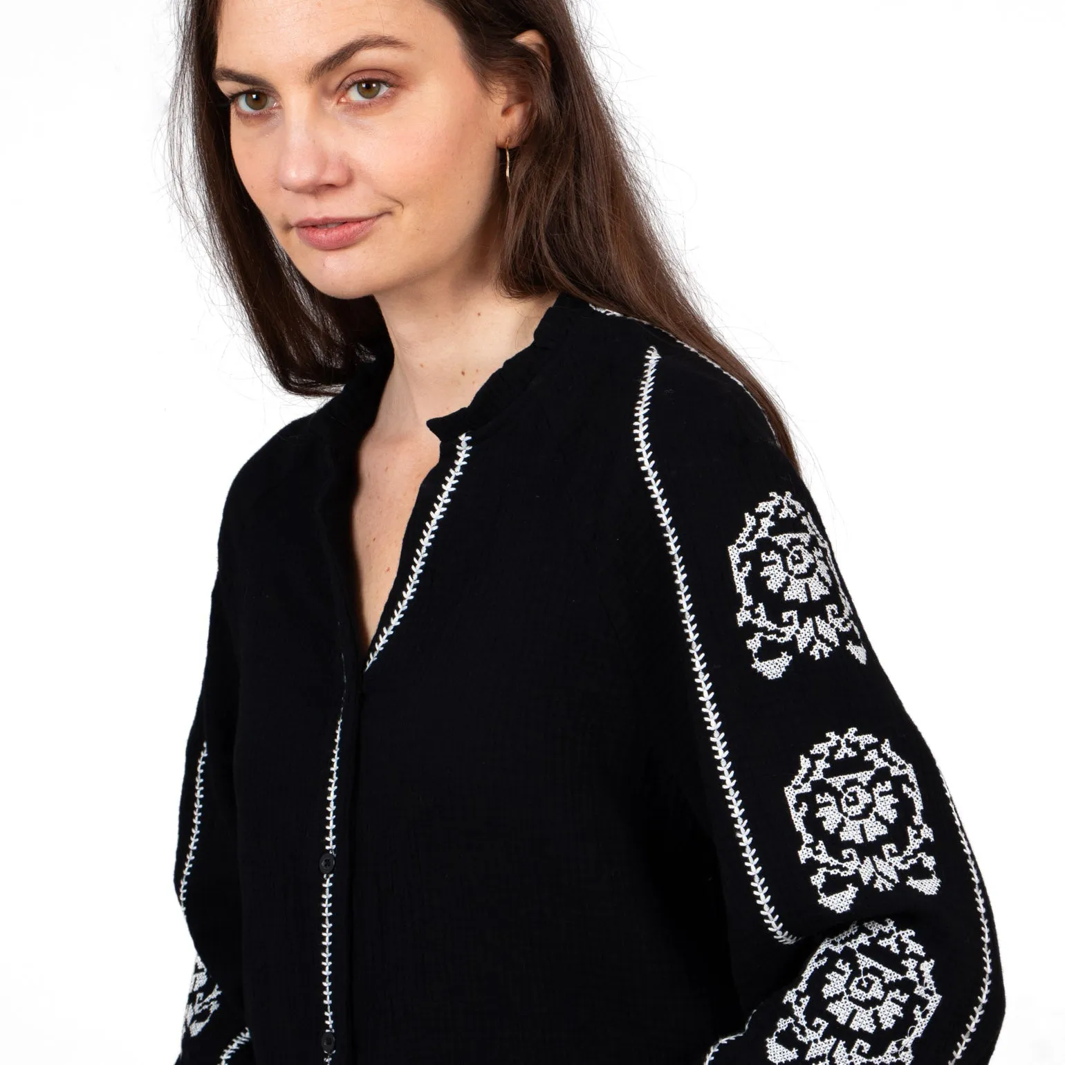 Edie V-Neck Button Down Cotton Shirt - Black, Floral Embroidery