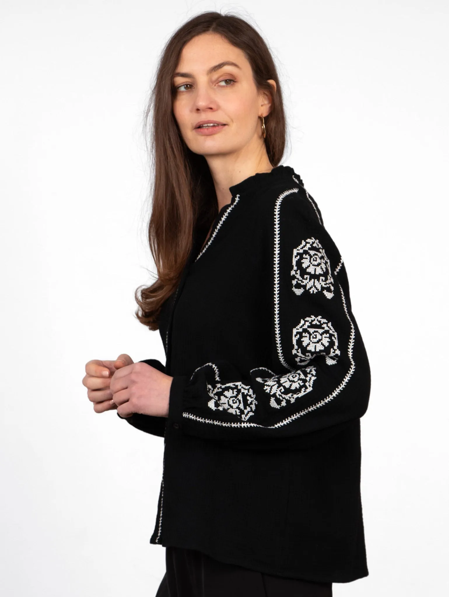 Edie V-Neck Button Down Cotton Shirt - Black, Floral Embroidery