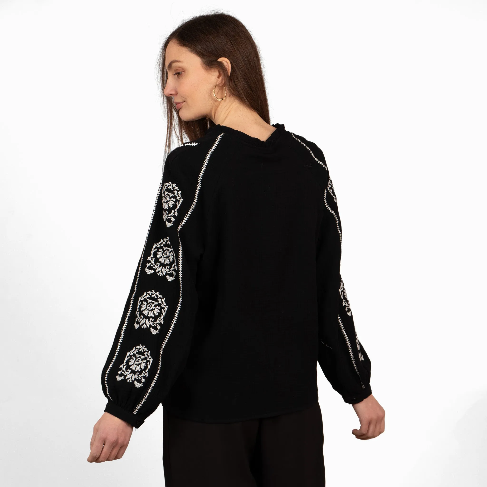 Edie V-Neck Button Down Cotton Shirt - Black, Floral Embroidery