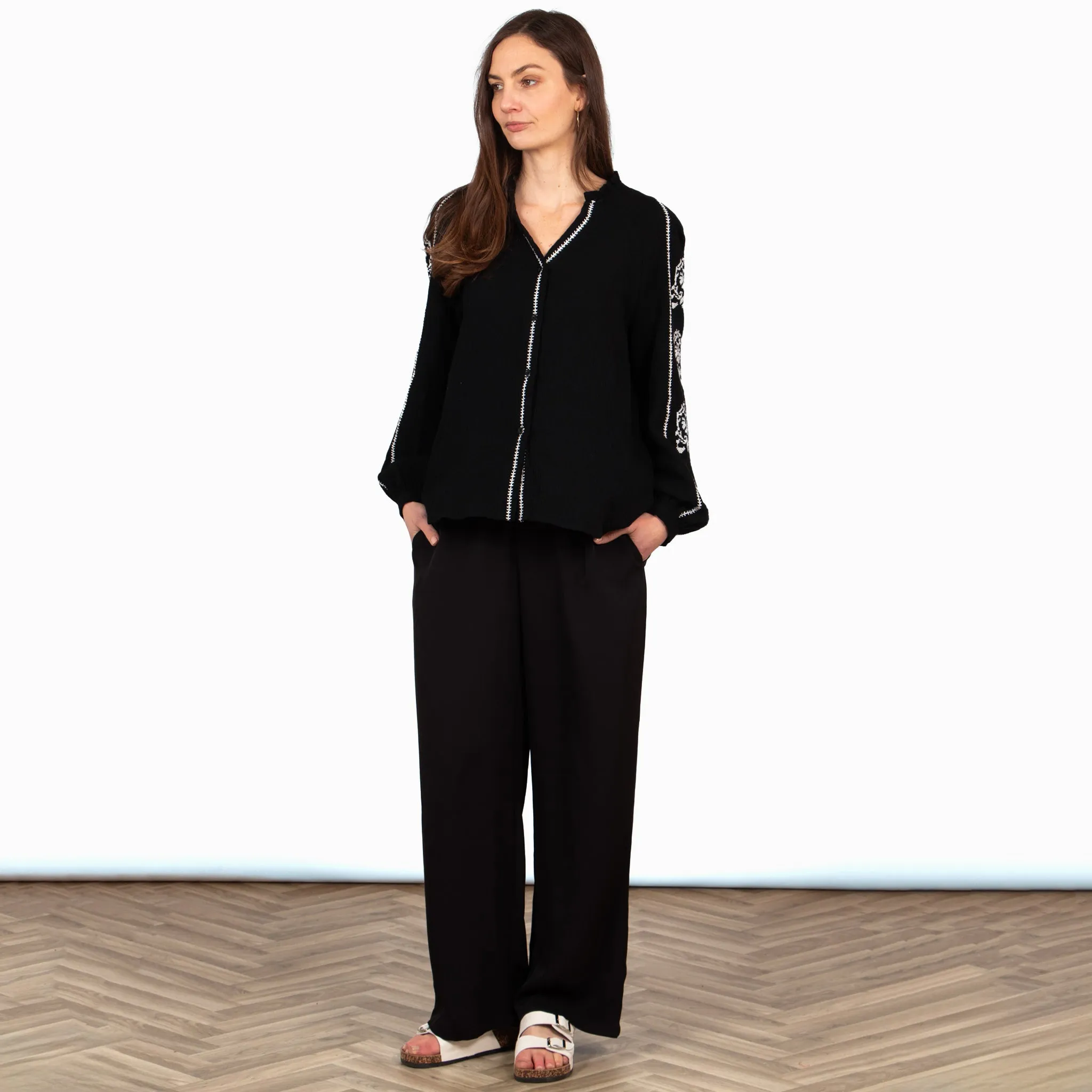 Edie V-Neck Button Down Cotton Shirt - Black, Floral Embroidery