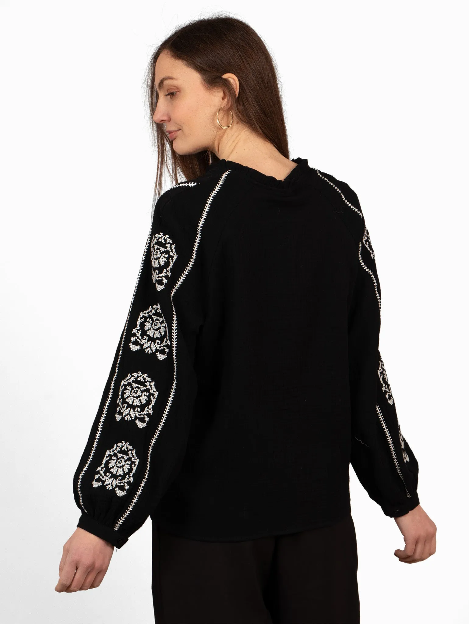 Edie V-Neck Button Down Cotton Shirt - Black, Floral Embroidery
