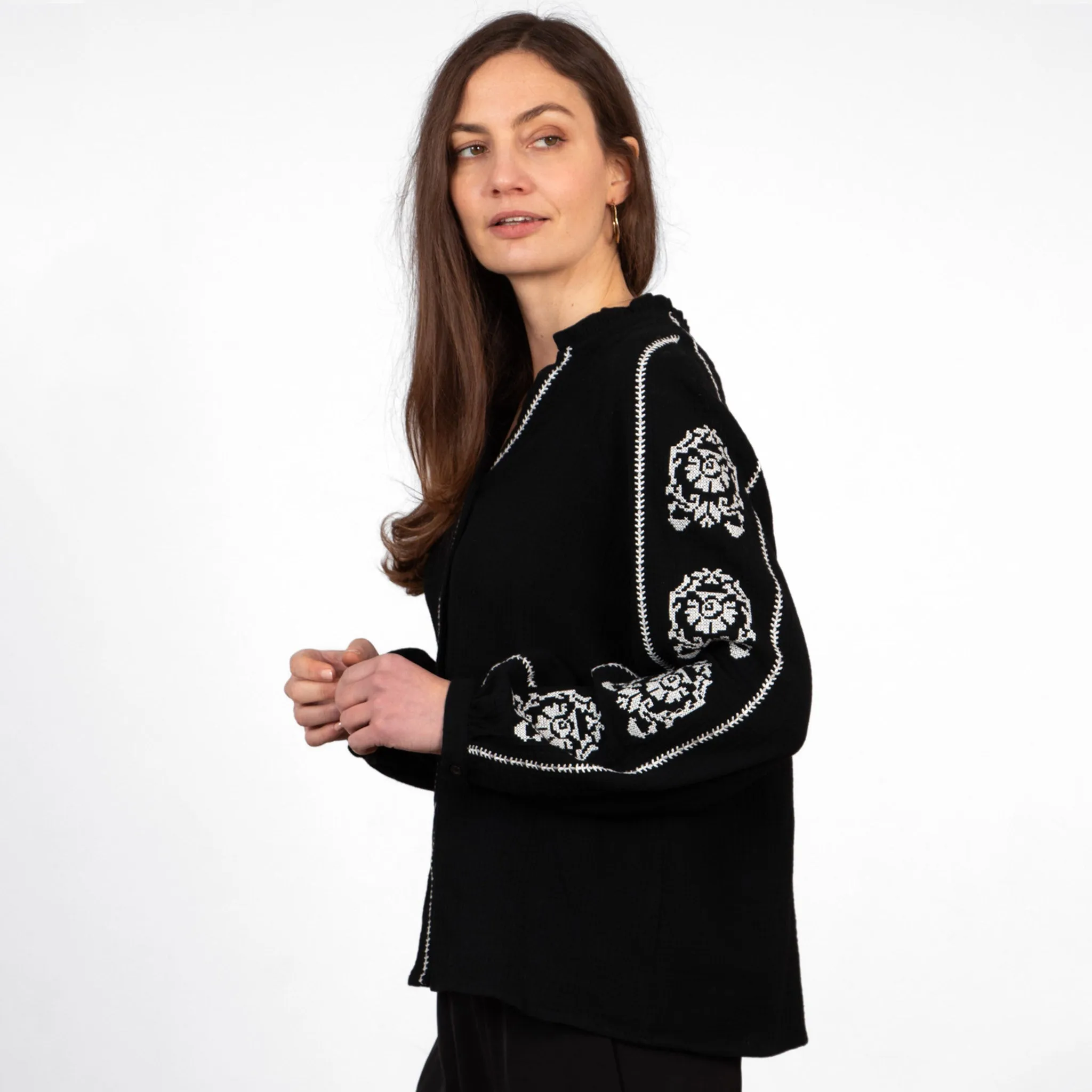 Edie V-Neck Button Down Cotton Shirt - Black, Floral Embroidery
