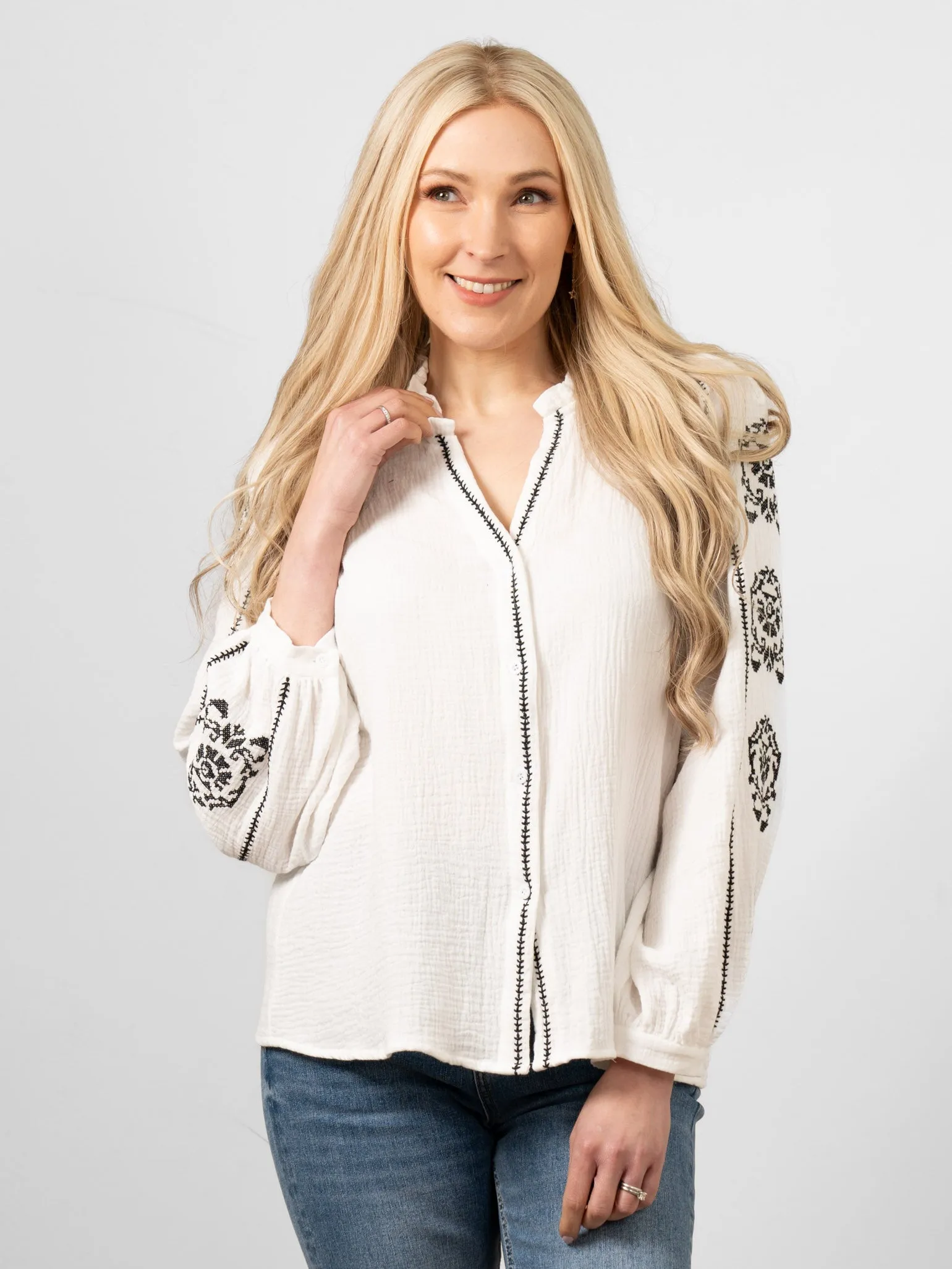 Edie V-Neck Button Down Cotton Shirt - White, Floral Embroidery