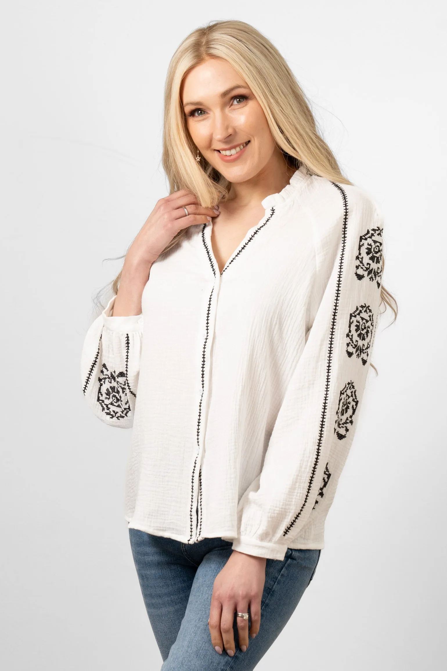 Edie V-Neck Button Down Cotton Shirt - White, Floral Embroidery