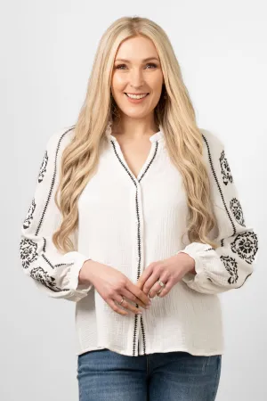 Edie V-Neck Button Down Cotton Shirt - White, Floral Embroidery