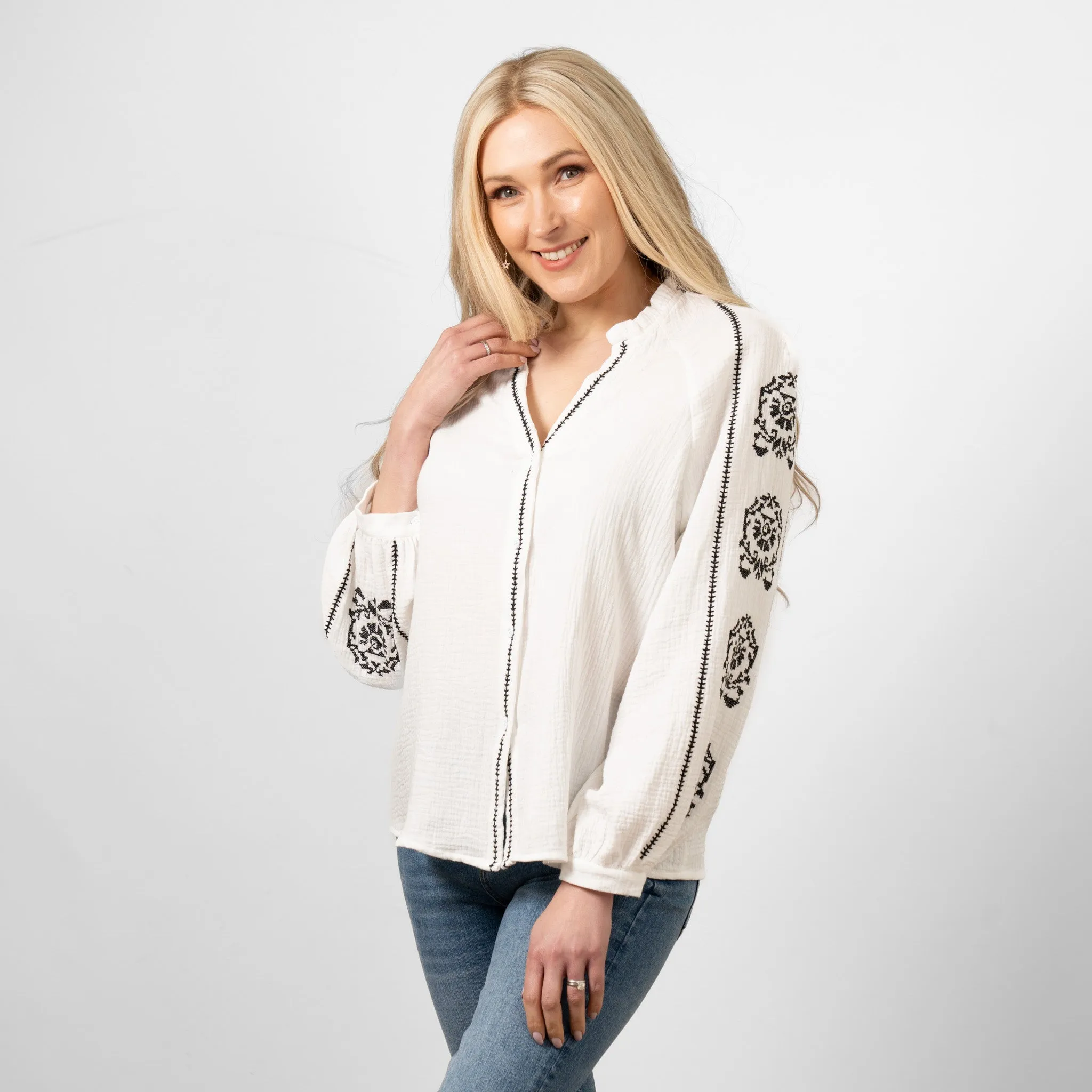 Edie V-Neck Button Down Cotton Shirt - White, Floral Embroidery