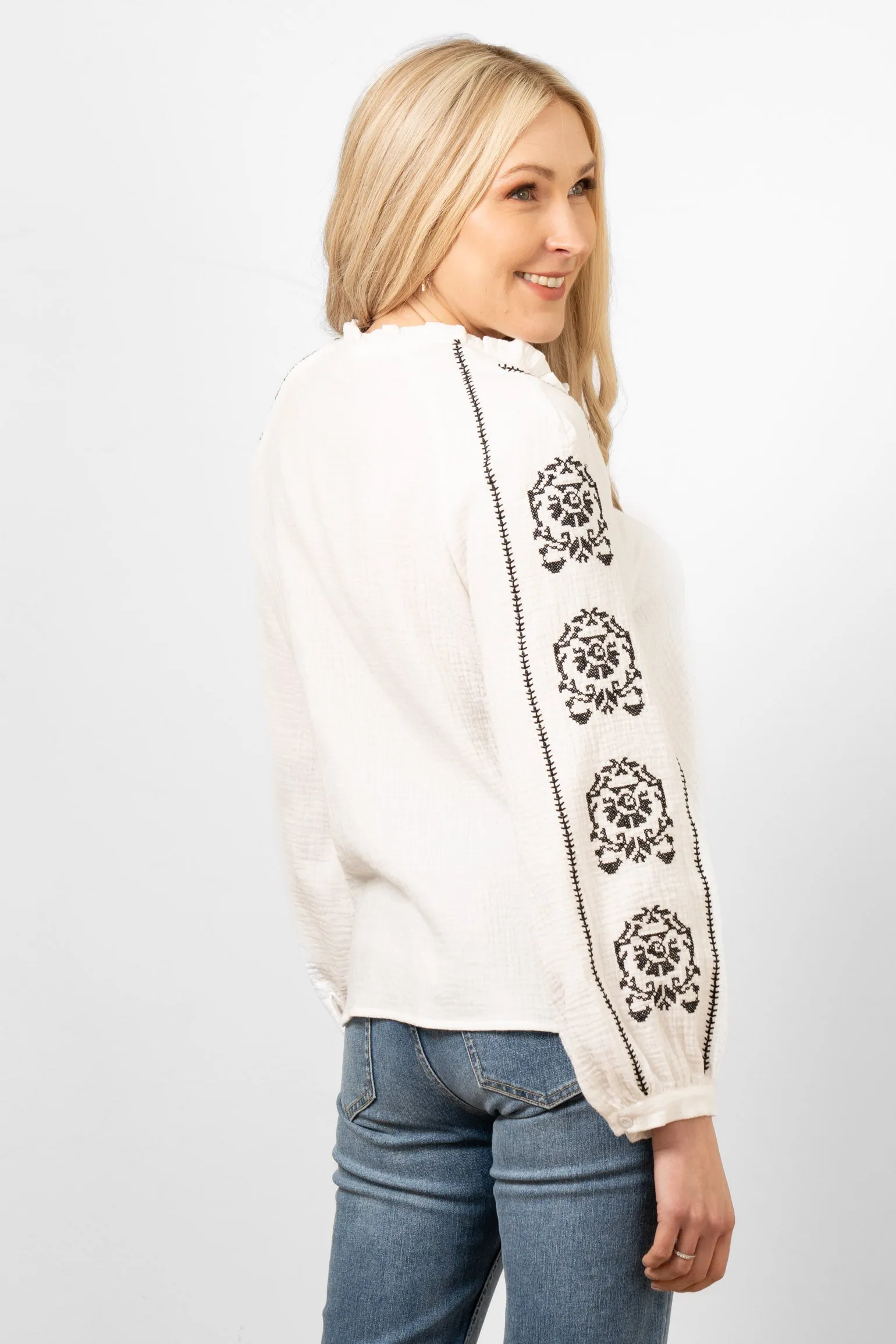 Edie V-Neck Button Down Cotton Shirt - White, Floral Embroidery
