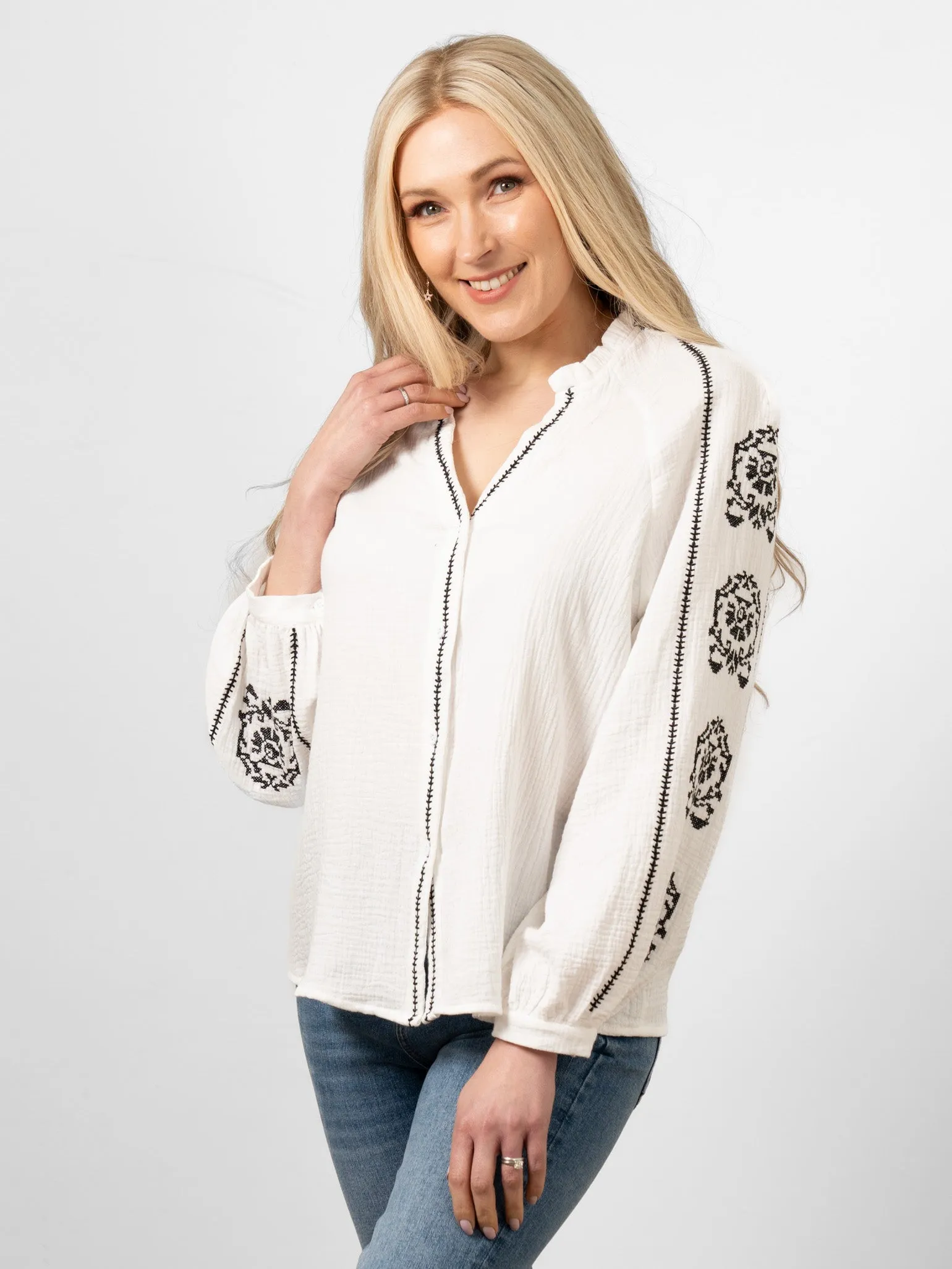 Edie V-Neck Button Down Cotton Shirt - White, Floral Embroidery