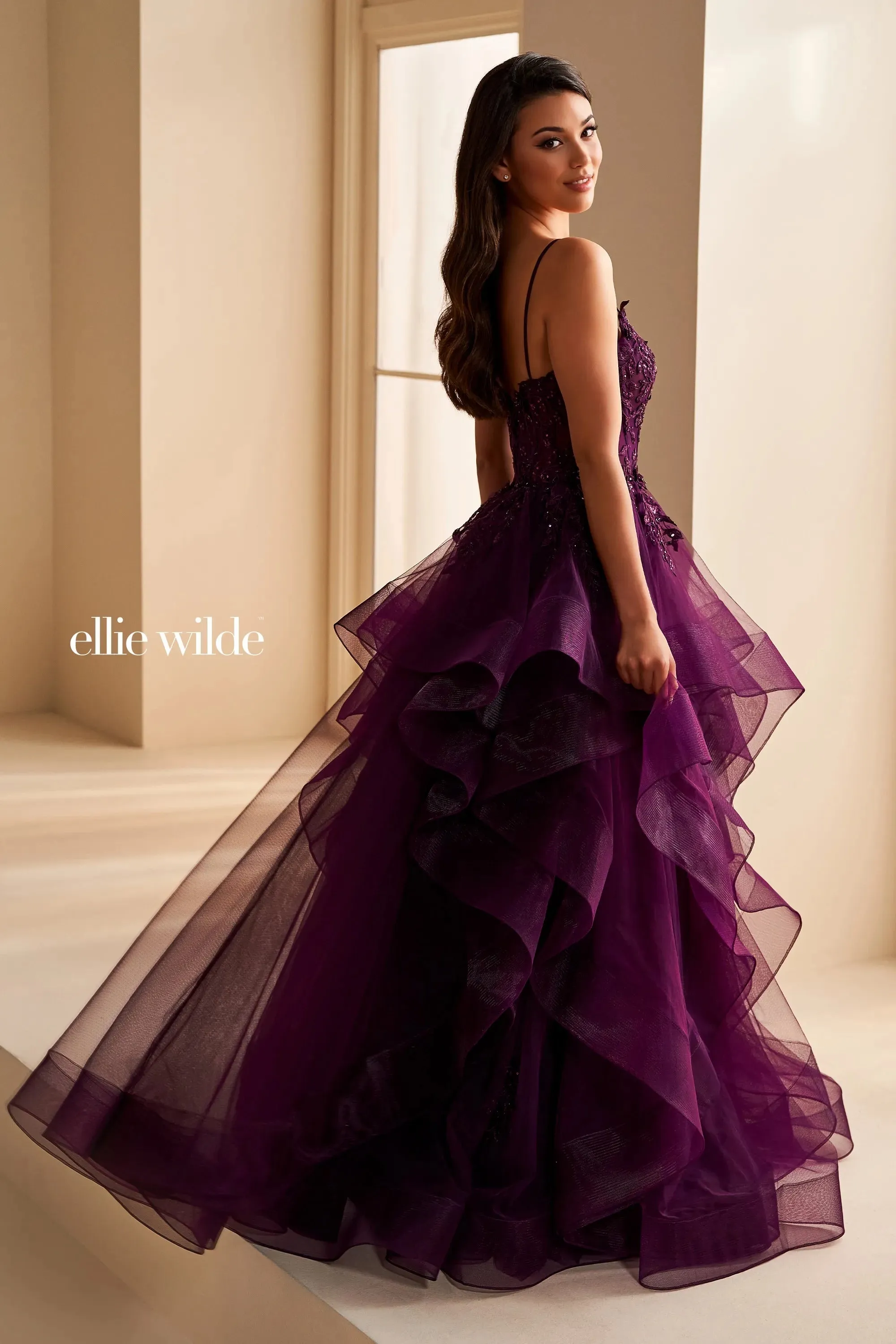 Ellie Wilde EW36225 Sheer Lace Corset Ball Gown Prom Dress Layer Corset Formal Evening