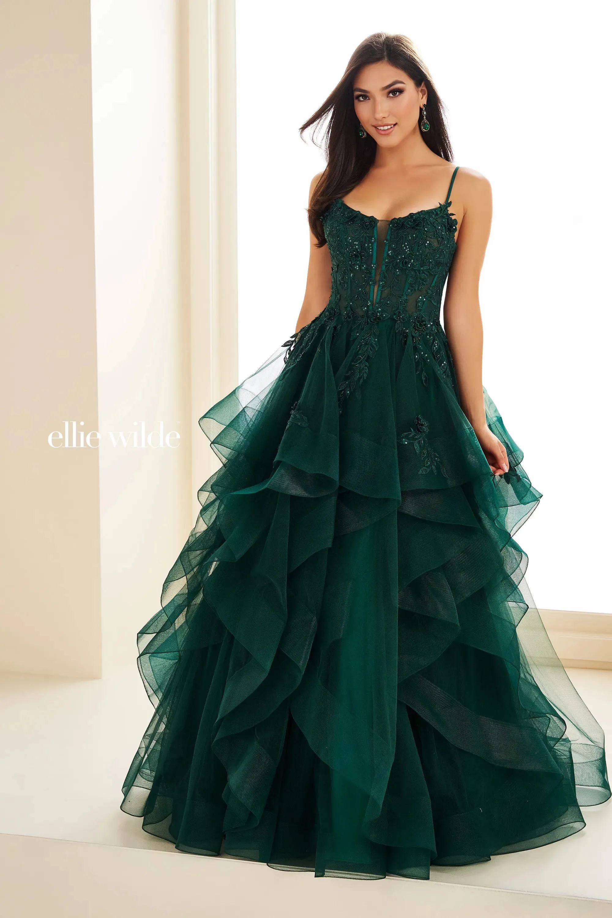 Ellie Wilde EW36225 Sheer Lace Corset Ball Gown Prom Dress Layer Corset Formal Evening