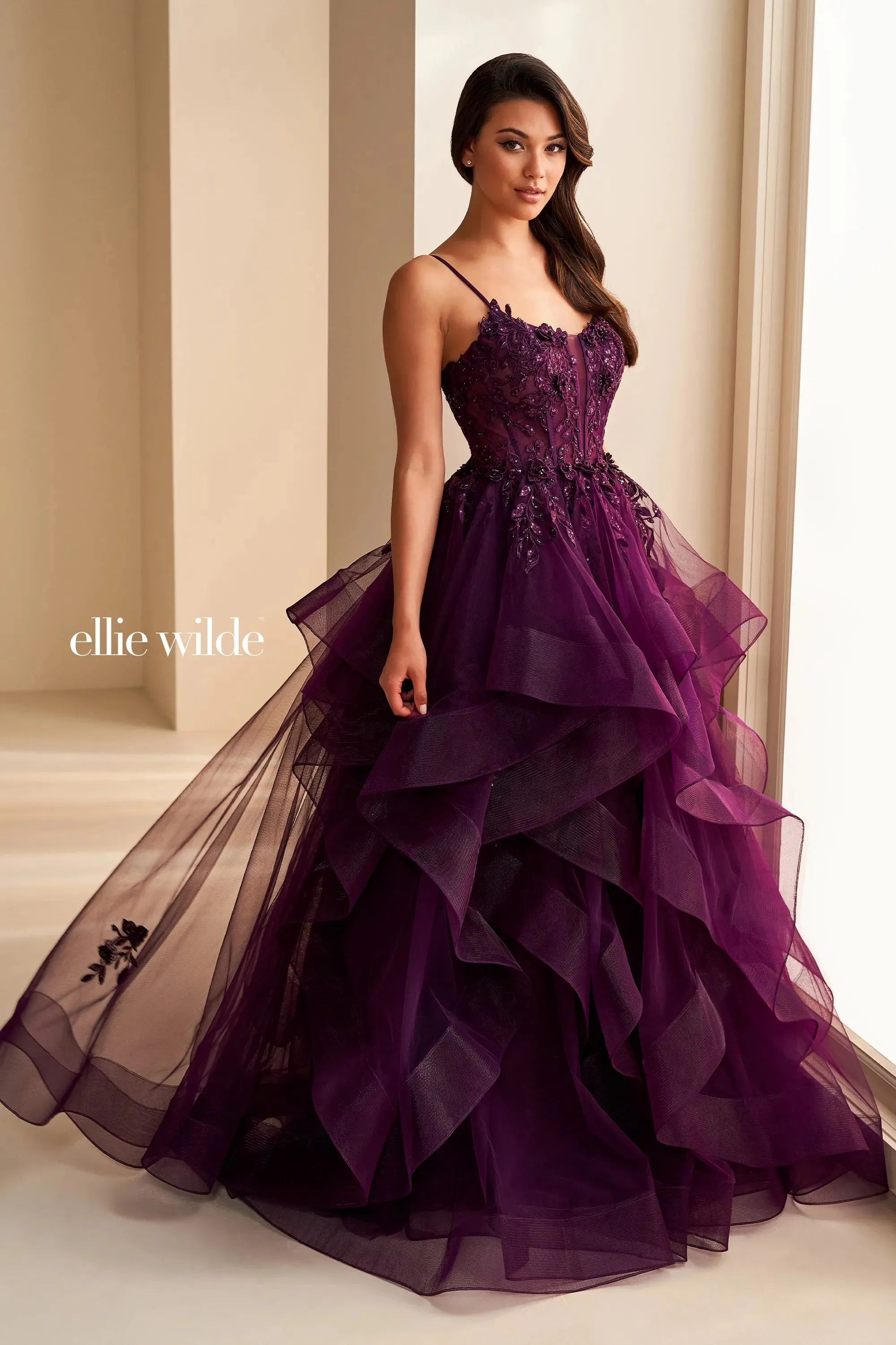 Ellie Wilde EW36225 Sheer Lace Corset Ball Gown Prom Dress Layer Corset Formal Evening
