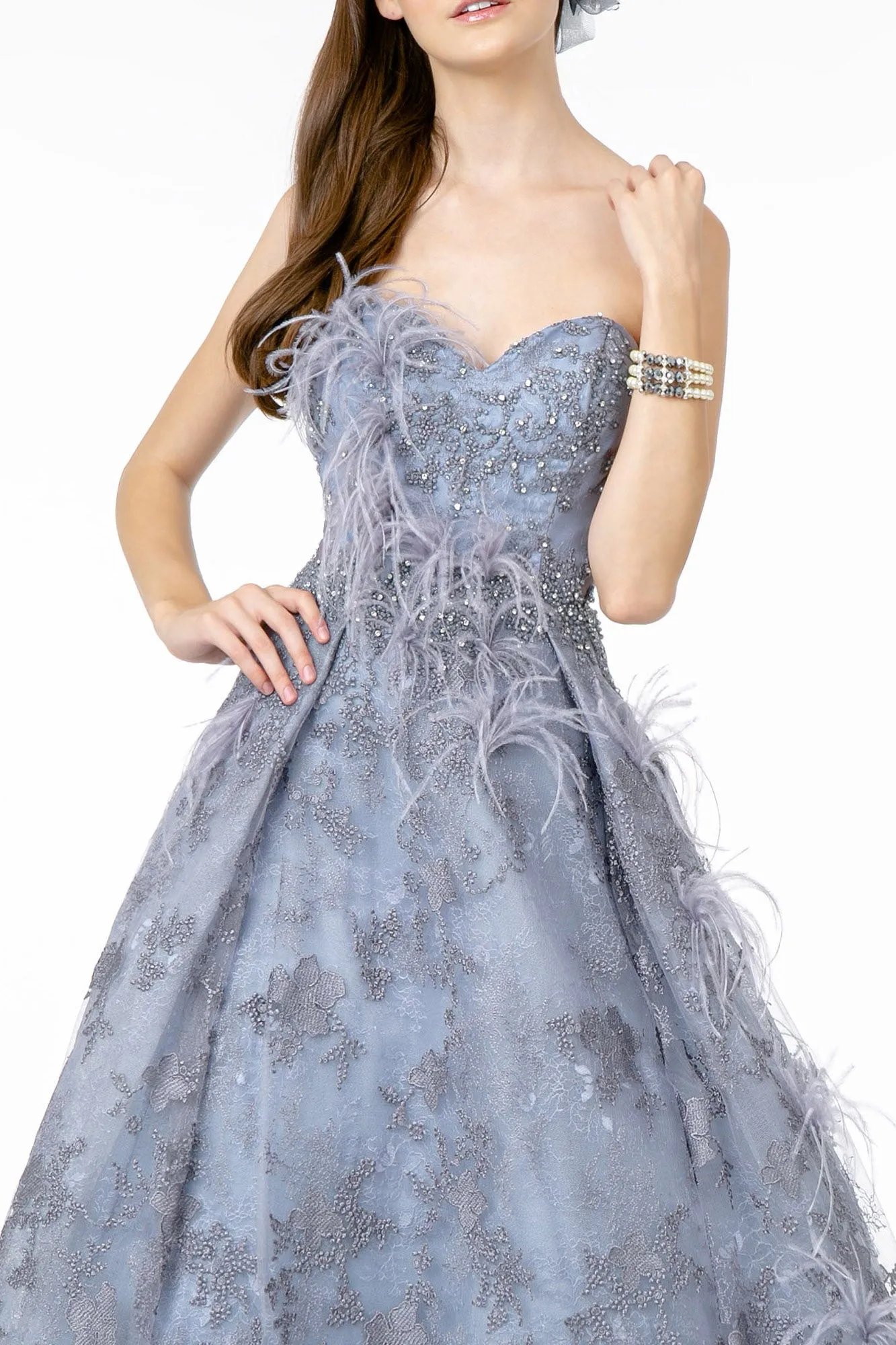 Feather Embellished Embroidered Sweetheart Mesh/Lace Long Dress GLGL1834
