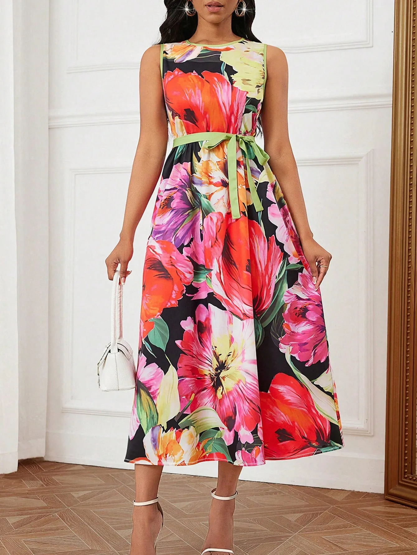 Floral Print Sleeveless Round Neck Midi Dress