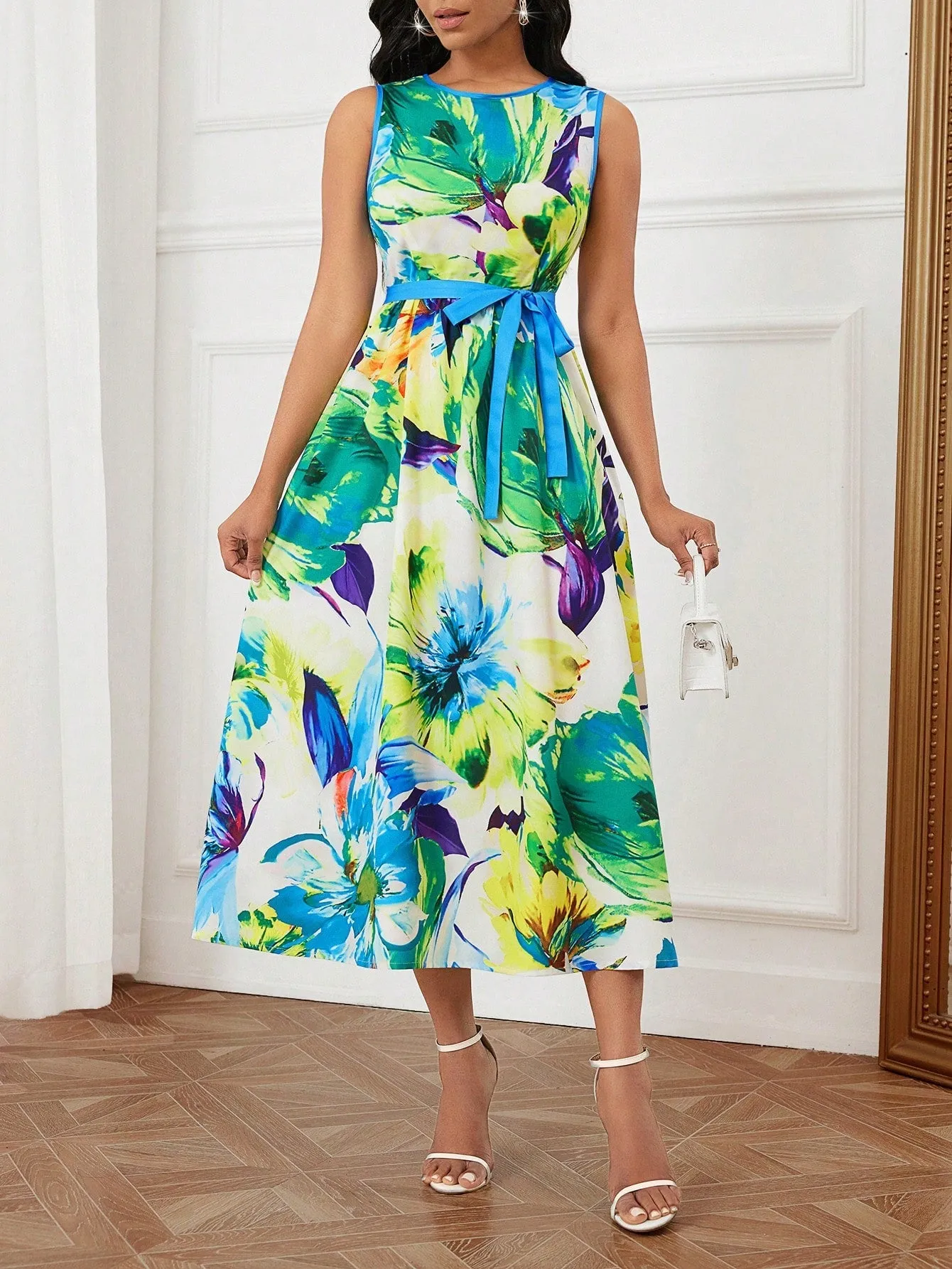 Floral Print Sleeveless Round Neck Midi Dress