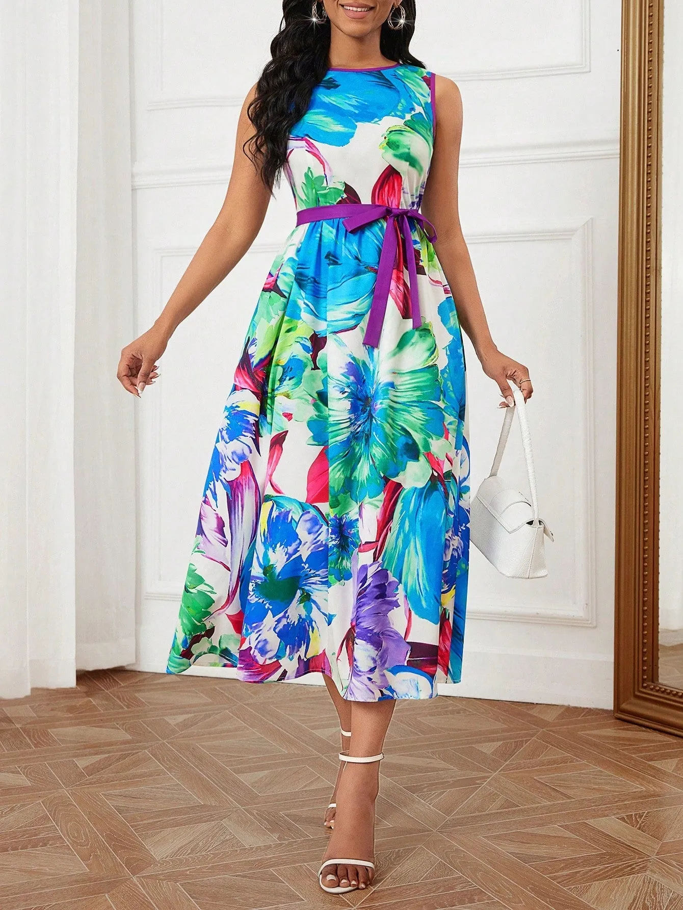 Floral Print Sleeveless Round Neck Midi Dress
