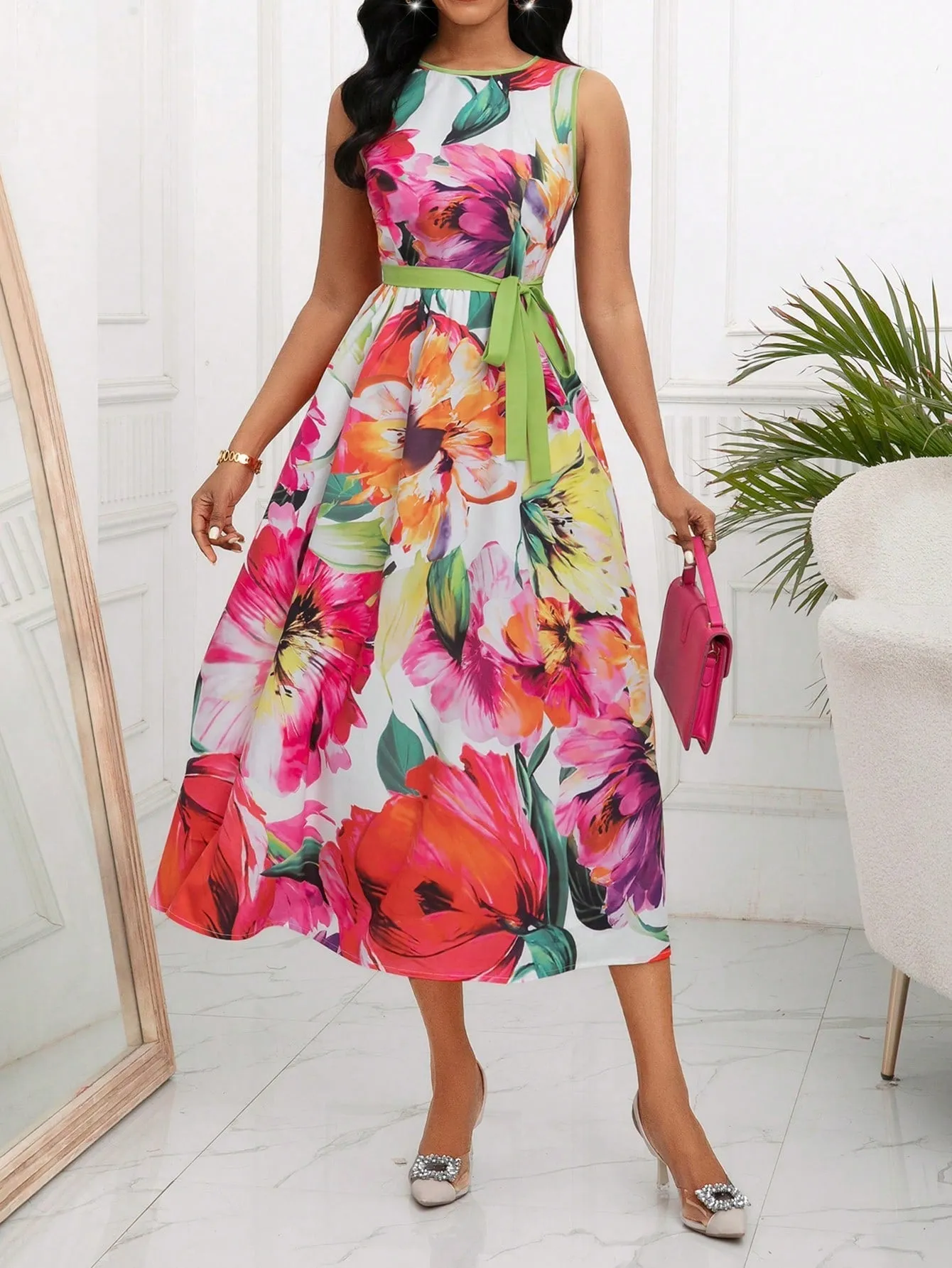 Floral Print Sleeveless Round Neck Midi Dress