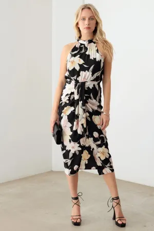 Floral Sleeveless Halter Neck Front Shirring Midi Dress