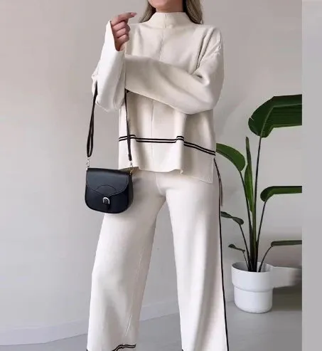 Joskaa Elegant Two Piece Set for Women Winter Casual Daily Side Seam Line O-Neck Long Sleeve Hoodie Loose High Waist Wide Leg Pants Set