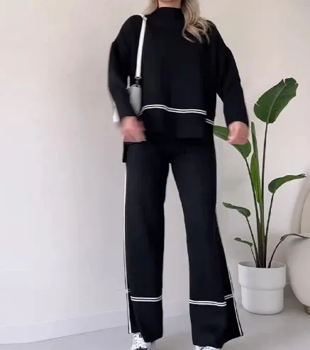 Joskaa Elegant Two Piece Set for Women Winter Casual Daily Side Seam Line O-Neck Long Sleeve Hoodie Loose High Waist Wide Leg Pants Set