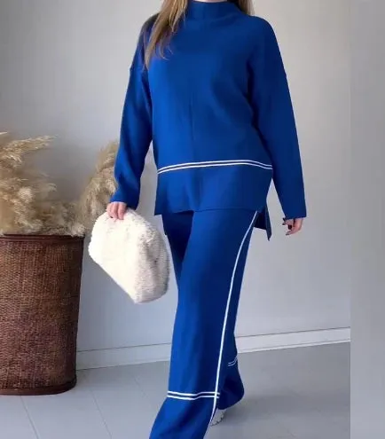 Joskaa Elegant Two Piece Set for Women Winter Casual Daily Side Seam Line O-Neck Long Sleeve Hoodie Loose High Waist Wide Leg Pants Set