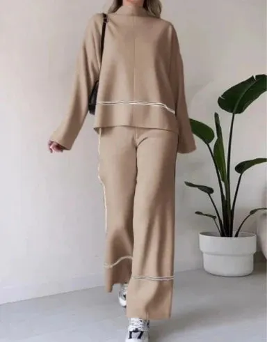Joskaa Elegant Two Piece Set for Women Winter Casual Daily Side Seam Line O-Neck Long Sleeve Hoodie Loose High Waist Wide Leg Pants Set