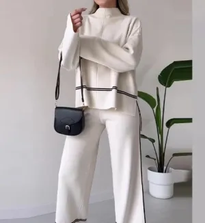 Joskaa Elegant Two Piece Set for Women Winter Casual Daily Side Seam Line O-Neck Long Sleeve Hoodie Loose High Waist Wide Leg Pants Set