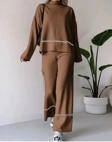 Joskaa Elegant Two Piece Set for Women Winter Casual Daily Side Seam Line O-Neck Long Sleeve Hoodie Loose High Waist Wide Leg Pants Set