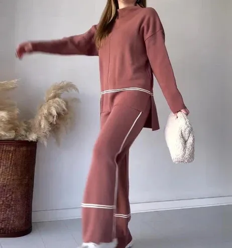Joskaa Elegant Two Piece Set for Women Winter Casual Daily Side Seam Line O-Neck Long Sleeve Hoodie Loose High Waist Wide Leg Pants Set
