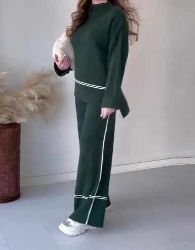 Joskaa Elegant Two Piece Set for Women Winter Casual Daily Side Seam Line O-Neck Long Sleeve Hoodie Loose High Waist Wide Leg Pants Set