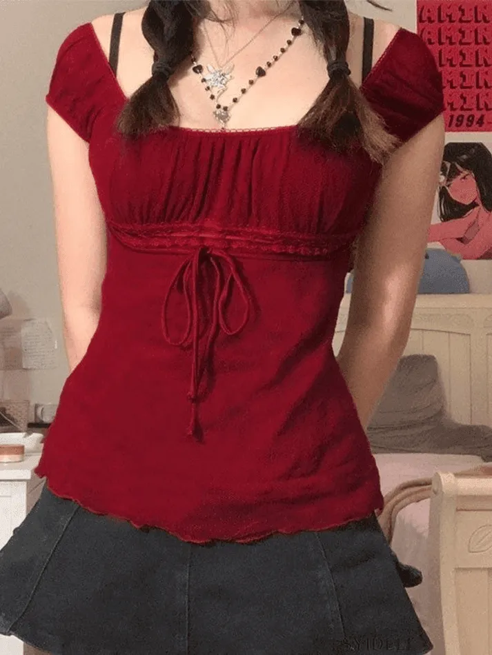 Joskaa Vintage Tie Front Lace Trim Blouse