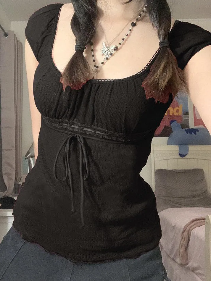 Joskaa Vintage Tie Front Lace Trim Blouse