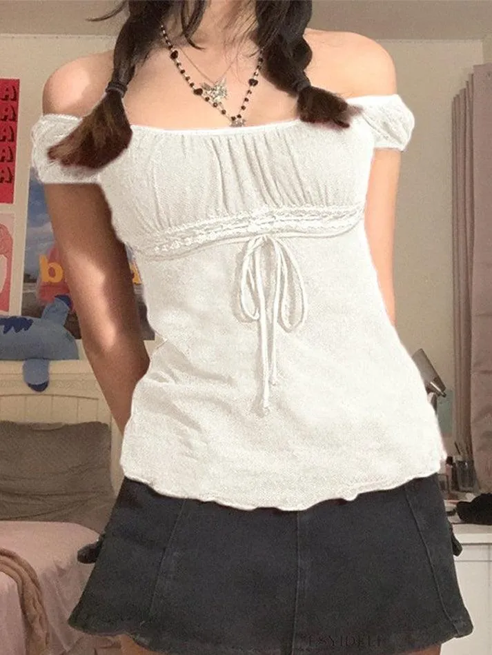 Joskaa Vintage Tie Front Lace Trim Blouse