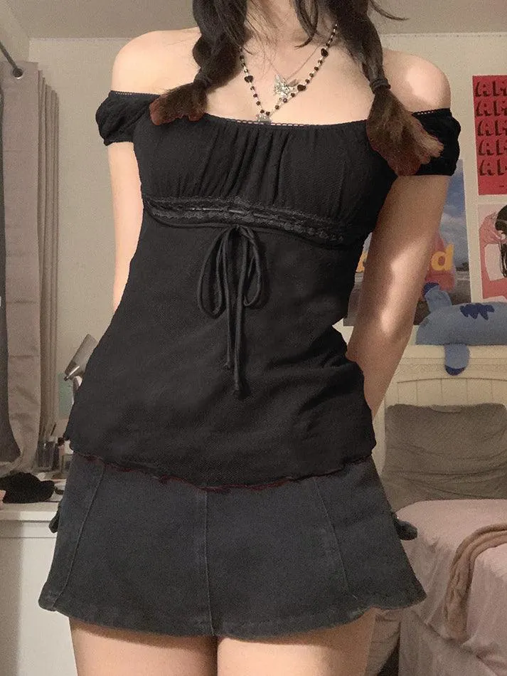 Joskaa Vintage Tie Front Lace Trim Blouse