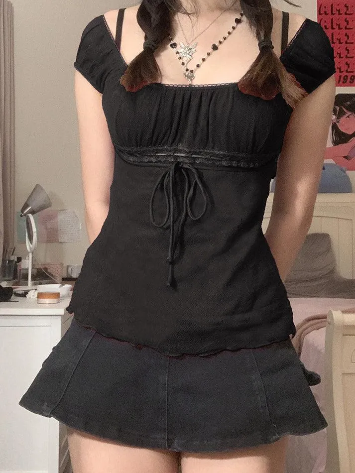 Joskaa Vintage Tie Front Lace Trim Blouse