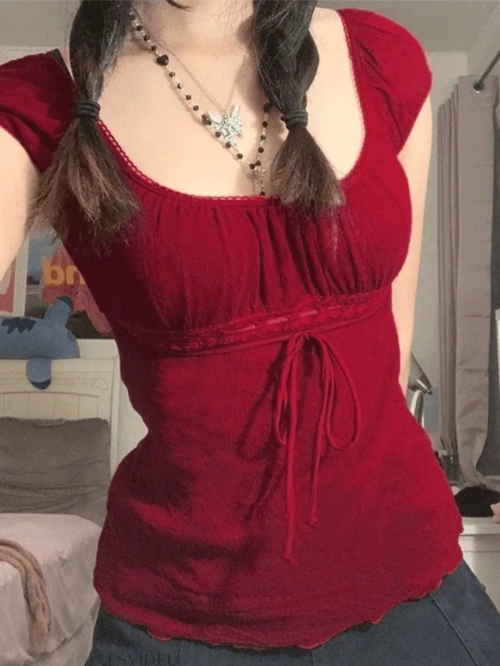 Joskaa Vintage Tie Front Lace Trim Blouse