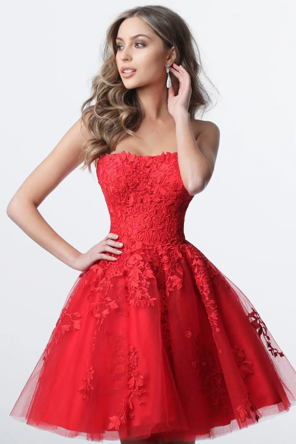 Jovani 1830 Short lace homecoming dress tulle skirt strapless Gown