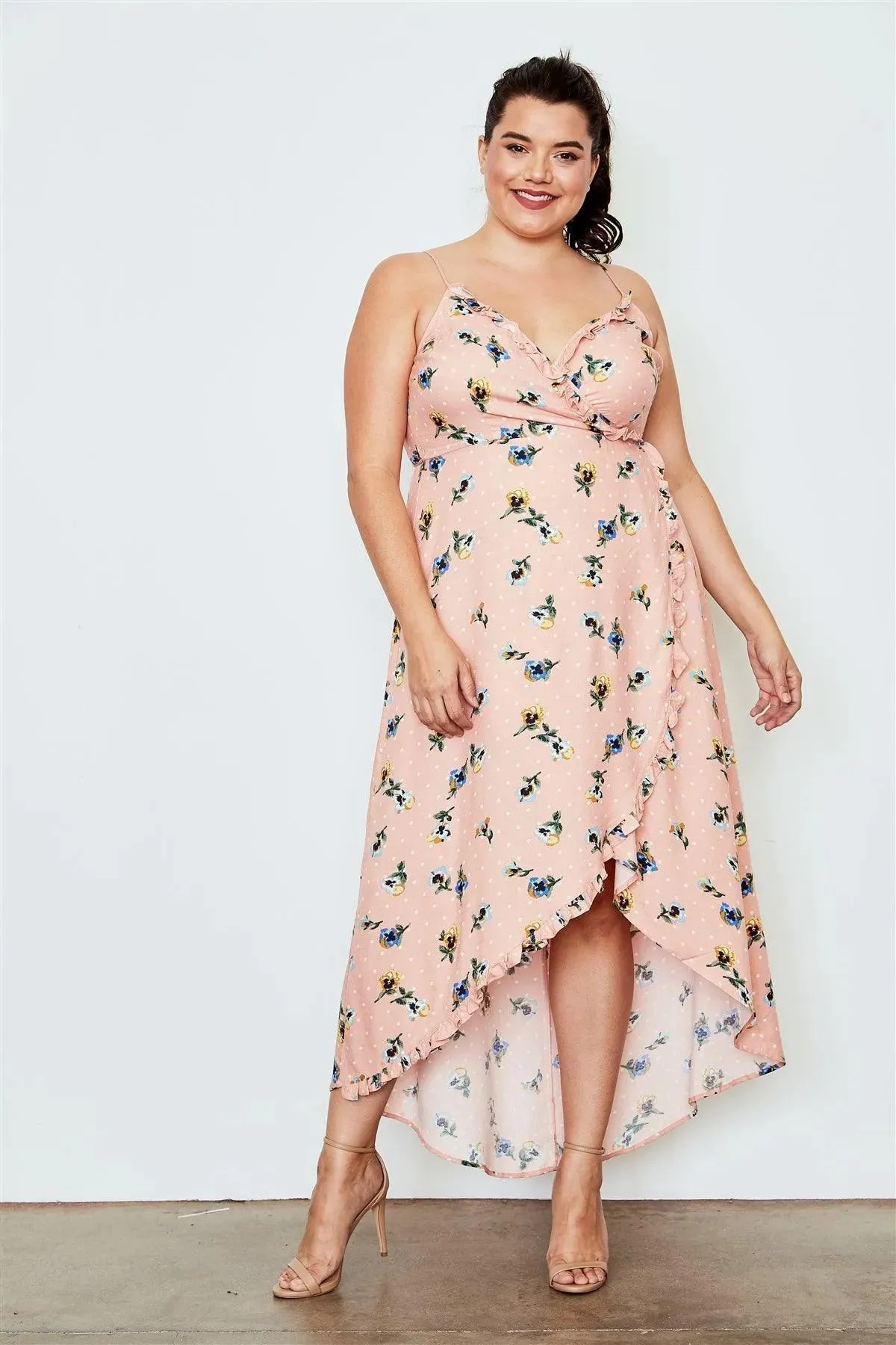 Junior Plus Size Peach Flower Print Hi-Low Wrap Midi Dress / 1-1-3-2